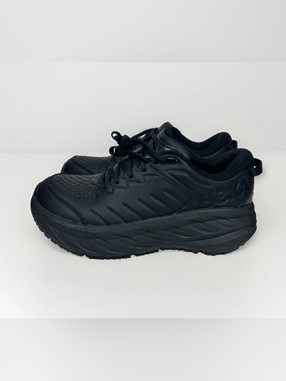 HOKA Bondi SR Men’s 9.5 D Triple Black Leather Running Shoes - NWOB